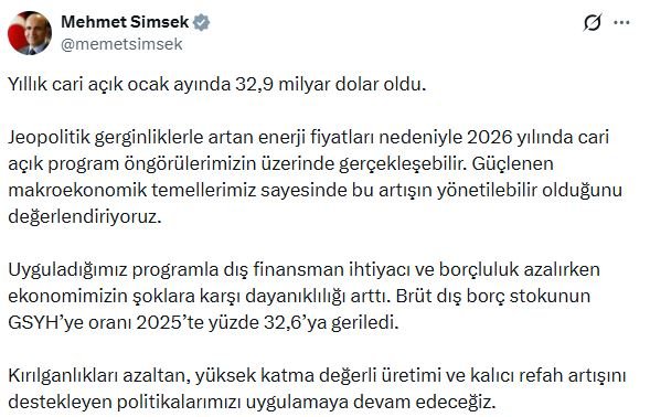 Bakan Şimşek’den ‘cari açık’ açıklaması ANKARA, (DHA)- HAZİNE ve Maliye Bakanı Mehmet Şimşek, "Jeopolitik gerginliklerle