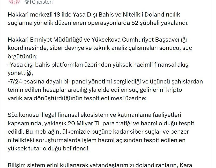 ANKARA, (DHA)- İÇİŞLERİ Bakanlığı, Hakkari merkezli 18 ilde 'yasa dışı
