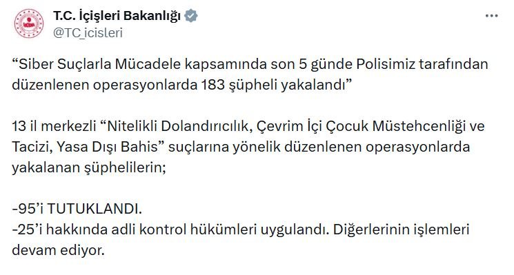 Nisa MİĞAL/ANKARA, (DHA)- İÇİŞLERİ Bakanlığı, siber suçlarla mücadele kapsamında son