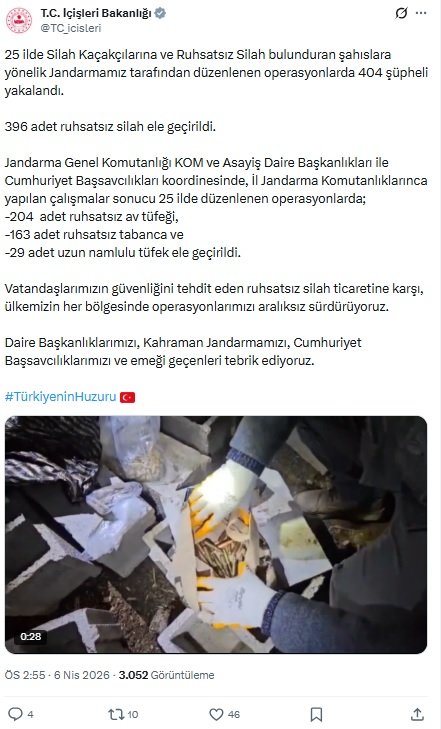 ANKARA, (DHA)- İÇİŞLERİ Bakanlığı, 25 ilde silah kaçakçılarına ve ruhsatsız
