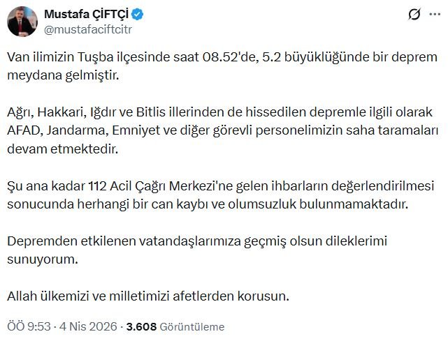 BAKAN ÇİFTÇİ: CAN KAYBI VE OLUMSUZLUK BULUNMAMAKTADIR İçişleri Bakanı Mustafa